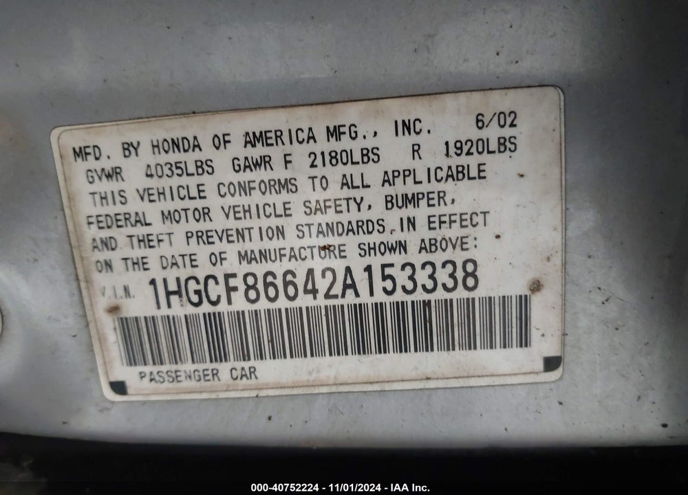 2002 HONDA ACCORD 2.3 VP VIN: 1HGCF86642A153338
