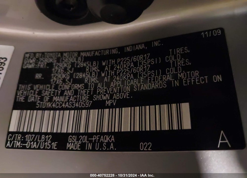 2010 TOYOTA SIENNA XLE VIN: 5TDYK4CC4AS340597