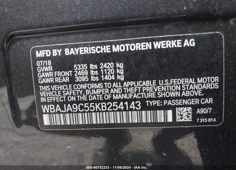 2019 BMW 530E IPERFORMANCE VIN: WBAJA9C55KB254143