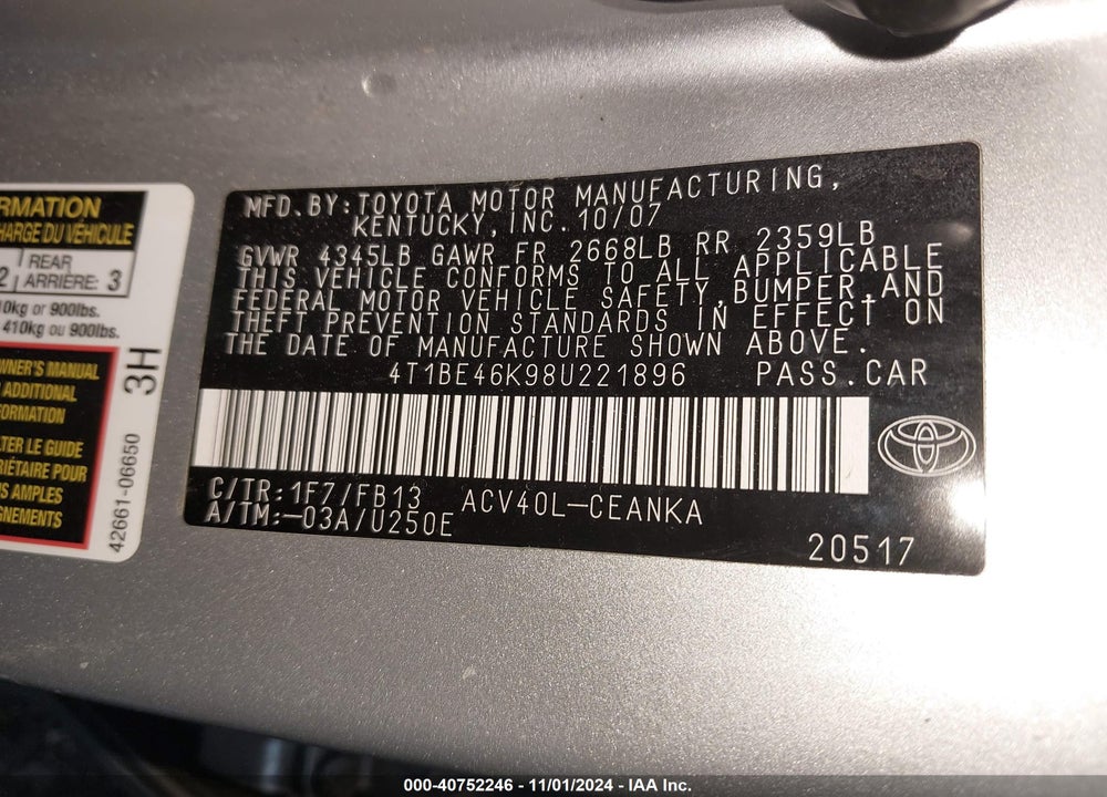2008 TOYOTA CAMRY LE VIN: 4T1BE46K98U221896