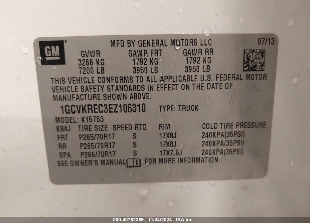 2014 CHEVROLET SILVERADO 1500 1LT VIN: 1GCVKREC3EZ106310