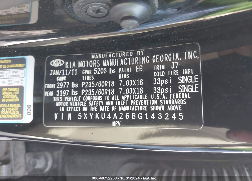 2011 KIA SORENTO EX V6 VIN: 5XYKU4A26BG143245
