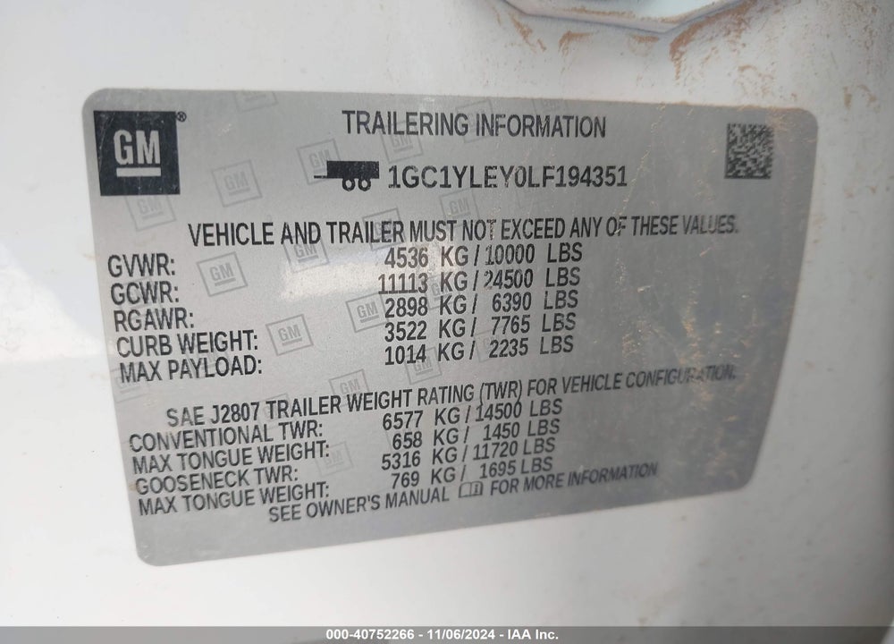2020 CHEVROLET SILVERADO 2500HD 4WD STANDARD BED WT VIN: 1GC1YLEY0LF194351