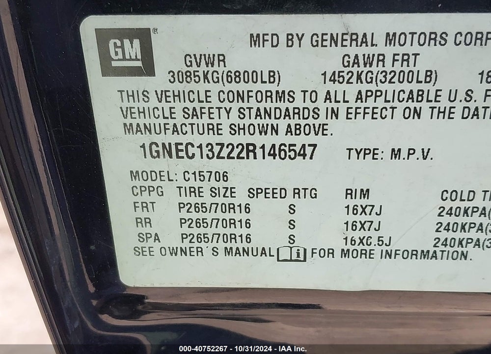 2002 CHEVROLET TAHOE LT VIN: 1GNEC13Z22R146547