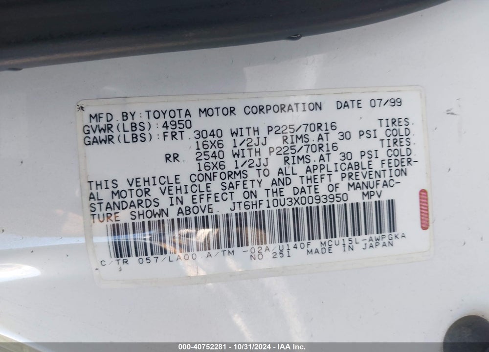 1999 LEXUS RX 300 VIN: JT6HF10U3X0093950