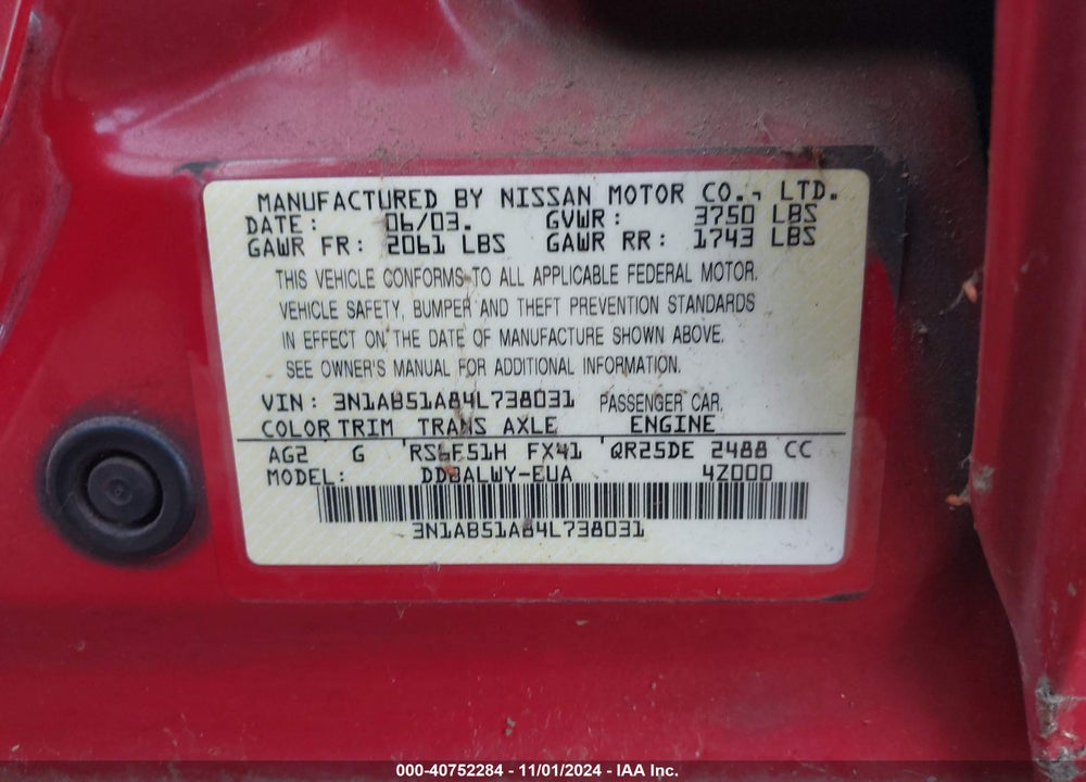 2004 NISSAN SENTRA SE-R SPEC V VIN: 3N1AB51A84L738031