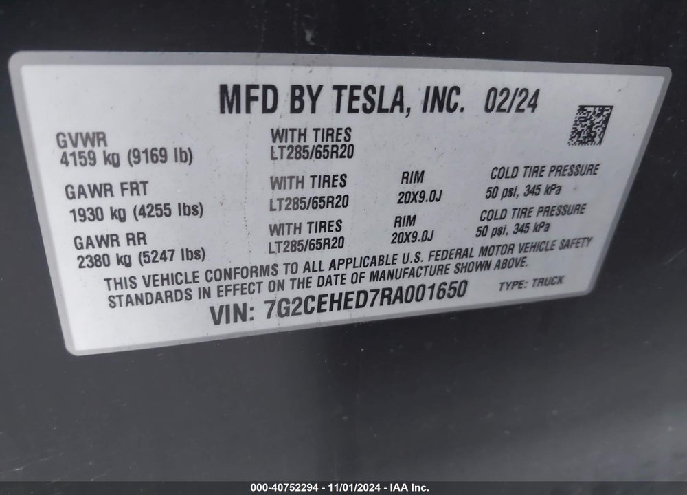 2024 TESLA CYBERTRUCK ALL-WHEEL DRIVE VIN: 7G2CEHED7RA001650