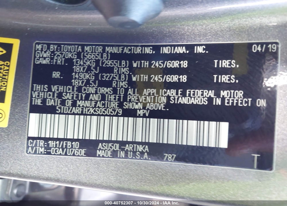 2019 TOYOTA HIGHLANDER LE VIN: 5TDZARFH2KS050579