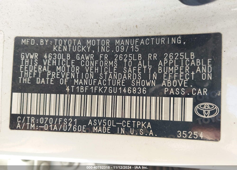2016 TOYOTA CAMRY SE VIN: 4T1BF1FK7GU146836