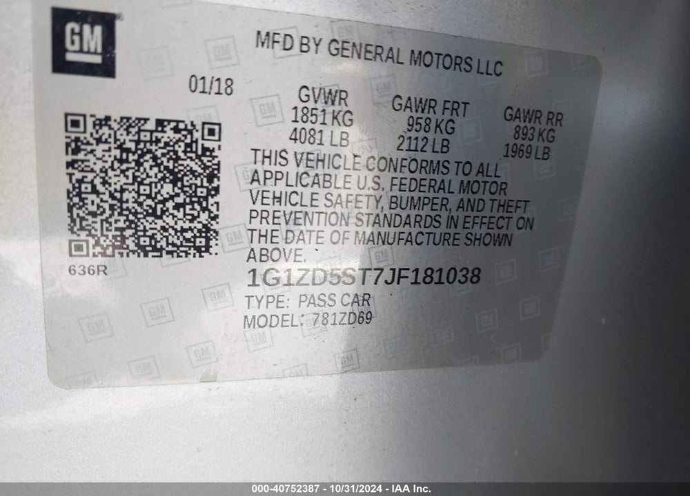 2018 CHEVROLET MALIBU LT VIN: 1G1ZD5ST7JF181038