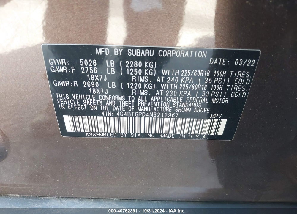 2022 SUBARU OUTBACK TOURING XT VIN: 4S4BTGPD4N3212967
