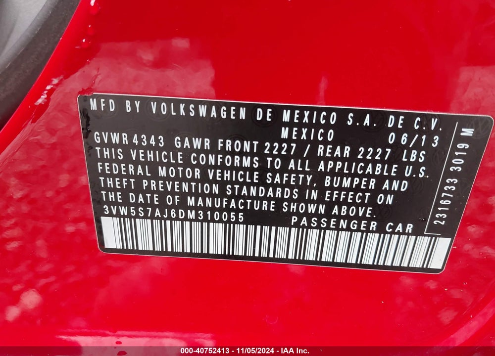 2013 VOLKSWAGEN GLI AUTOBAHN VIN: 3VW5S7AJ6DM310055