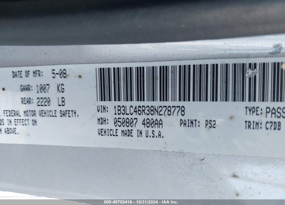 2008 DODGE AVENGER SE VIN: 1B3LC46R38N278778