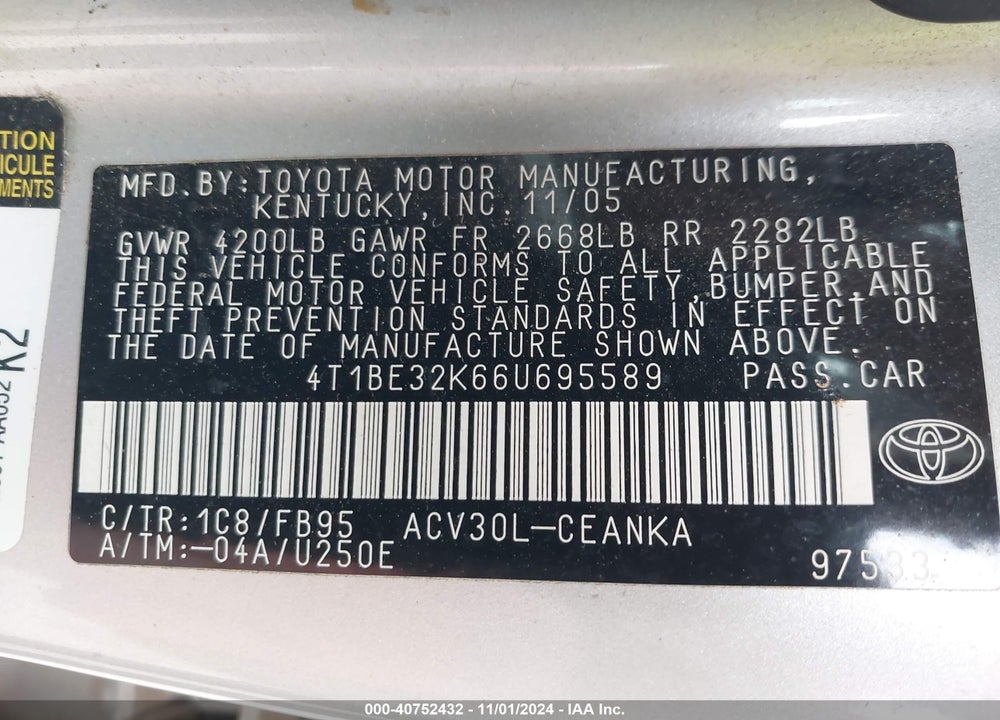 2006 TOYOTA CAMRY LE VIN: 4T1BE32K66U695589