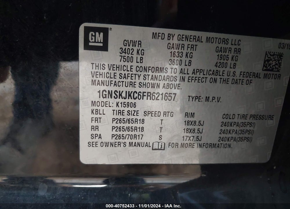 2015 CHEVROLET SUBURBAN 1500 LT VIN: 1GNSKJKC6FR621657
