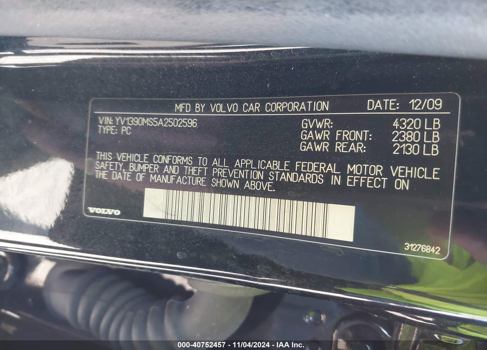 2010 VOLVO S40 2.4I VIN: YV1390MS5A2502596