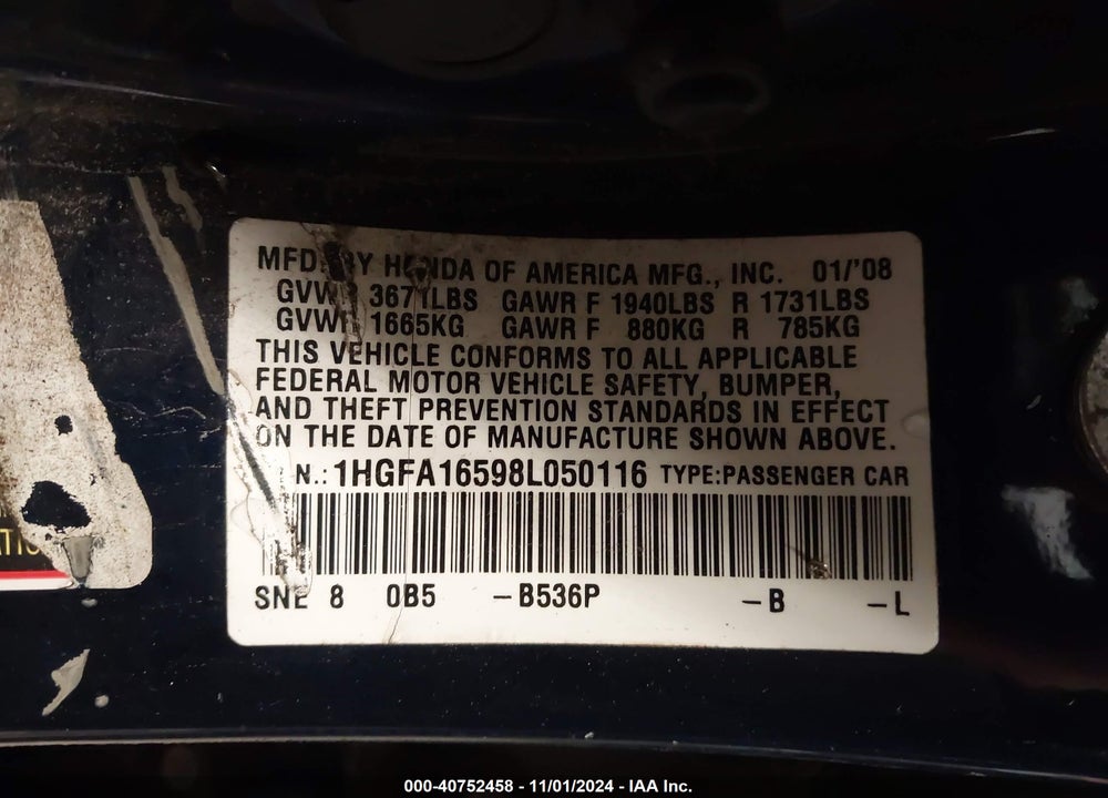2008 HONDA CIVIC LX VIN: 1HGFA16598L050116