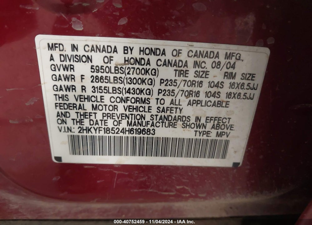2004 HONDA PILOT EX VIN: 2HKYF18524H619683