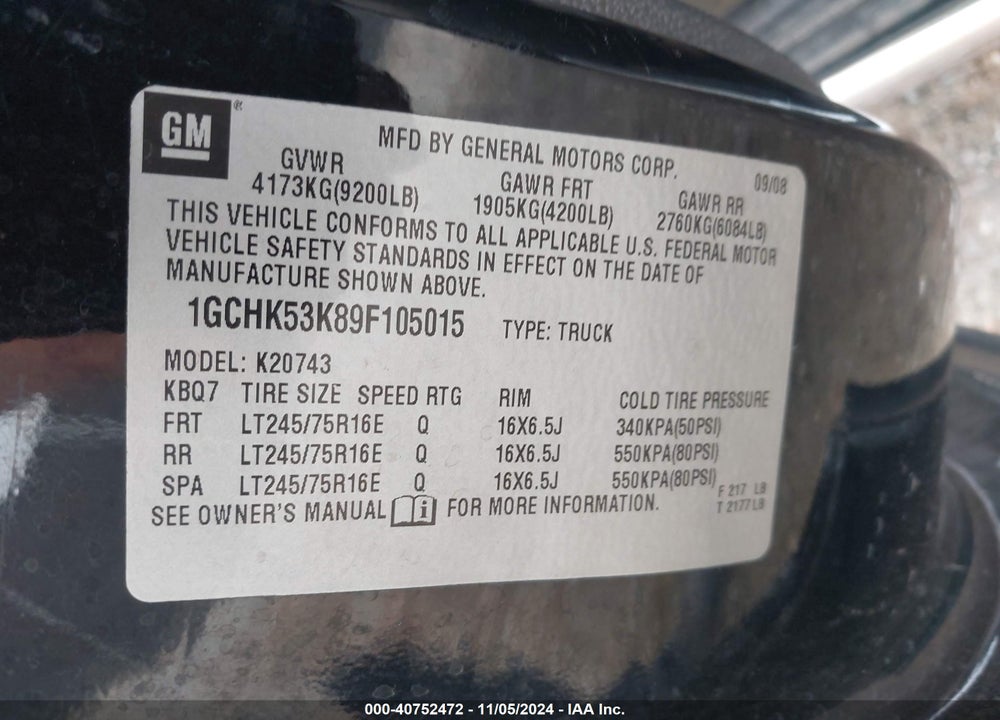 2009 CHEVROLET SILVERADO 2500HD LT VIN: 1GCHK53K89F105015