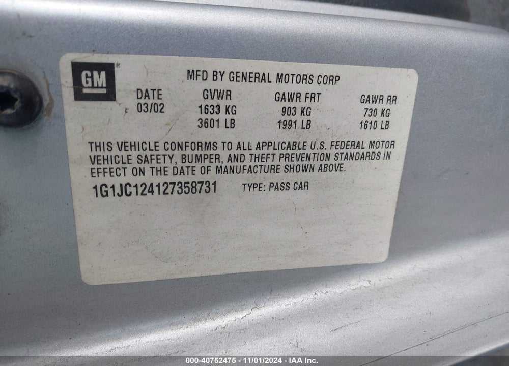 2002 CHEVROLET CAVALIER VIN: 1G1JC124127358731