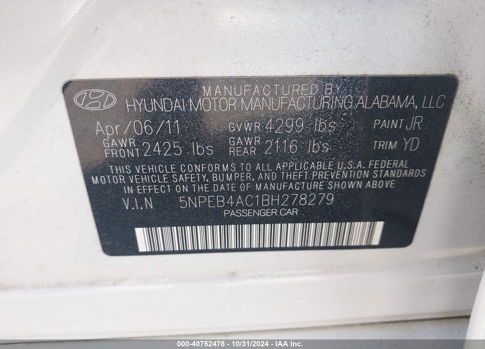 2011 HYUNDAI SONATA GLS VIN: 5NPEB4AC1BH278279