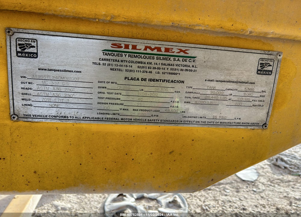 2012 TRAILER 40' SILMEX TANK VIN: 3T9S5TL24CM081007
