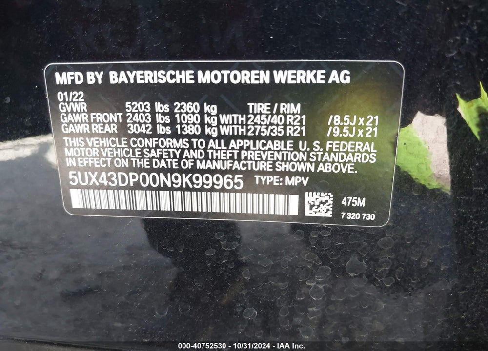 2022 BMW X3 SDRIVE30I VIN: 5UX43DP00N9K99965