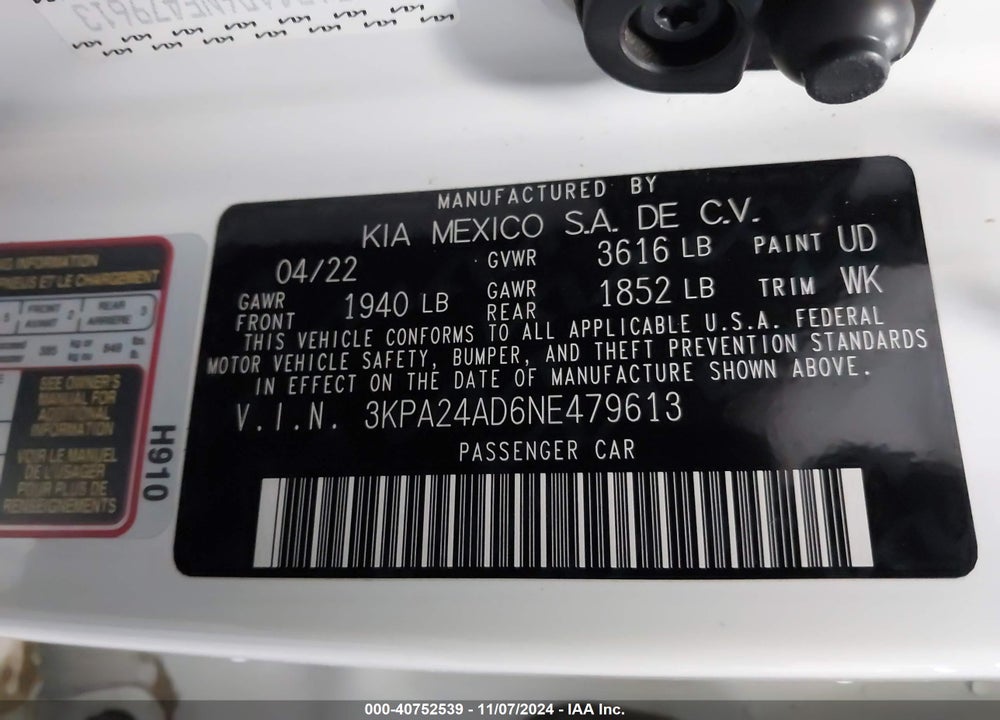2022 KIA RIO LX VIN: 3KPA24AD6NE479613