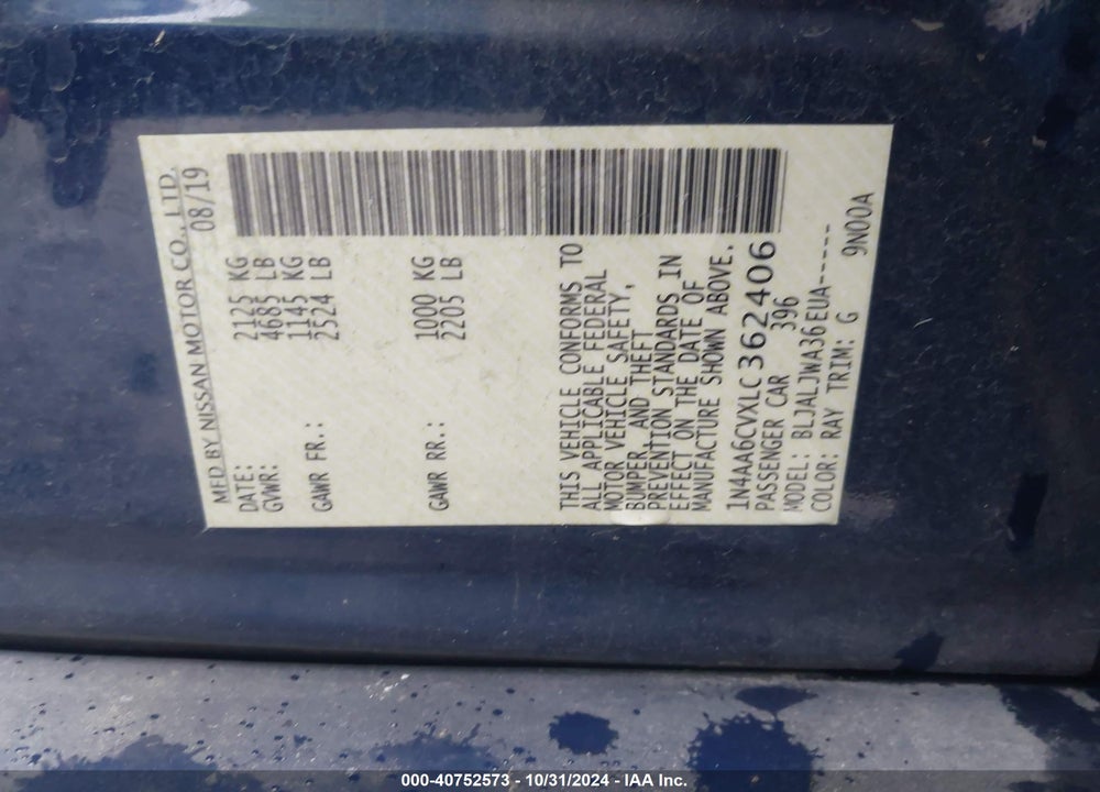 2020 NISSAN MAXIMA SV XTRONIC CVT VIN: 1N4AA6CVXLC362406
