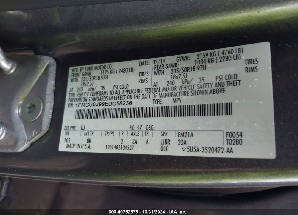 2014 FORD ESCAPE TITANIUM VIN: 1FMCU0J99EUC58236