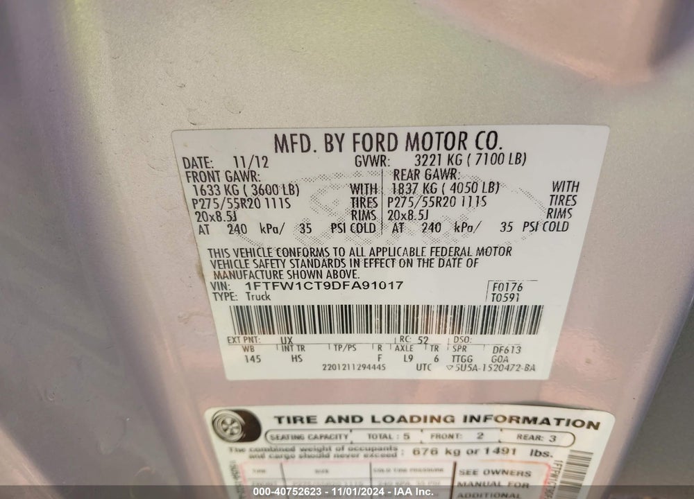 2013 FORD F-150 VIN: 1FTFW1CT9DFA91017