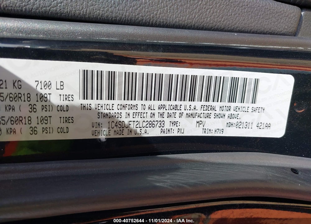 2020 DODGE DURANGO PURSUIT AWD VIN: 1C4SDJFT2LC286733