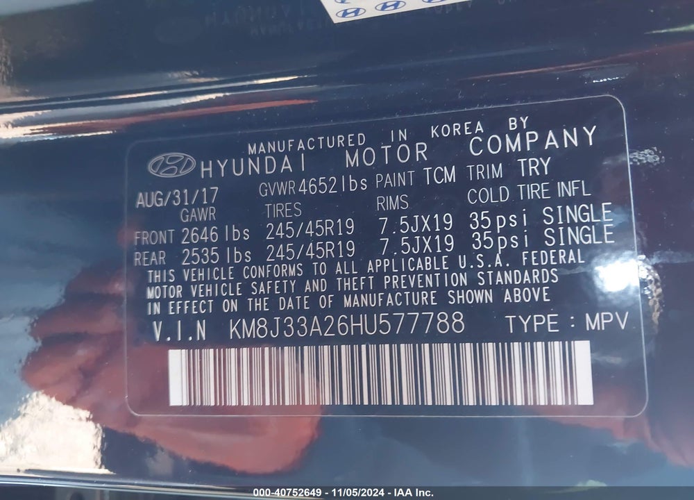 2017 HYUNDAI TUCSON VALUE VIN: KM8J33A26HU577788