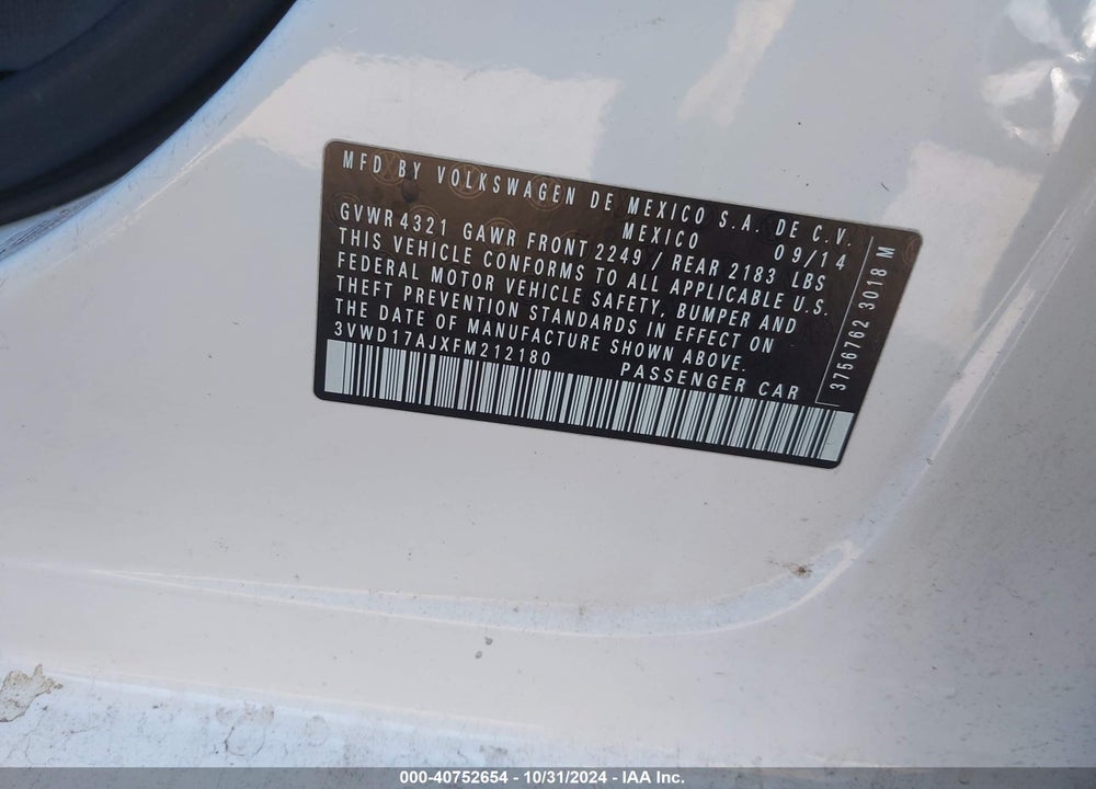 2015 VOLKSWAGEN JETTA 1.8T SE VIN: 3VWD17AJXFM212180