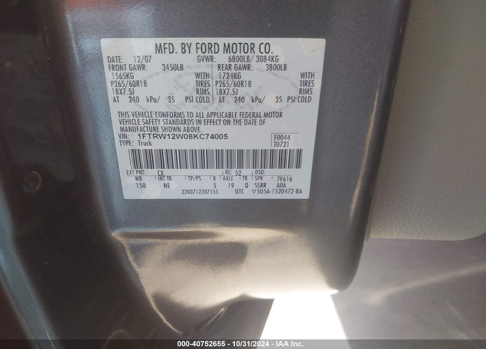 2008 FORD F-150 XLT VIN: 1FTRW12W08KC74005