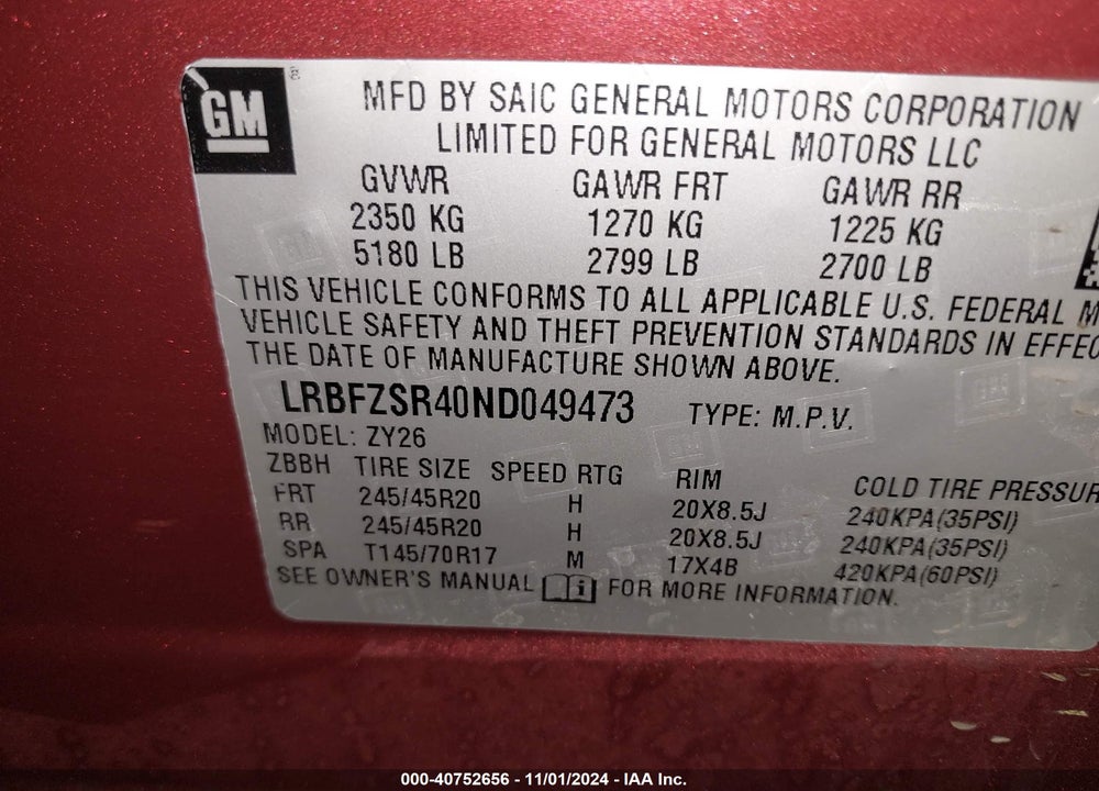 2022 BUICK ENVISION AWD AVENIR VIN: LRBFZSR40ND049473