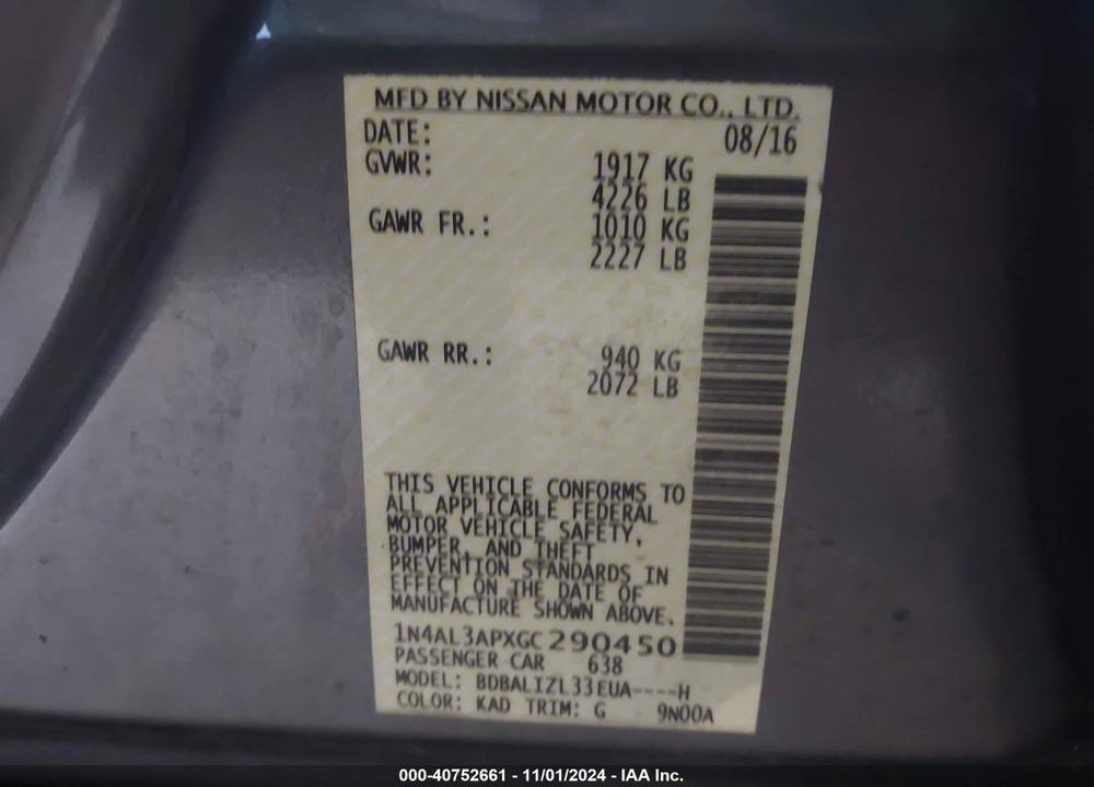 2016 NISSAN ALTIMA 2.5 SV VIN: 1N4AL3APXGC290450