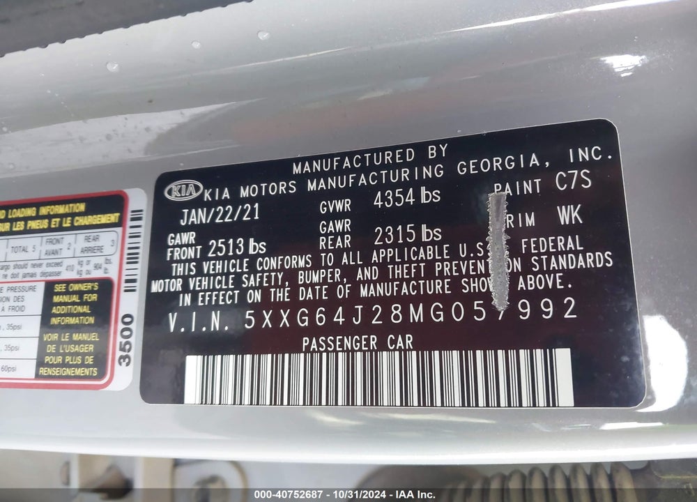2021 KIA K5 VIN: 5XXG64J28MG057992