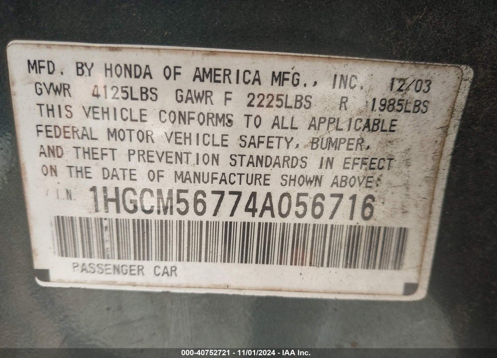 2004 HONDA ACCORD 2.4 EX VIN: 1HGCM56774A056716