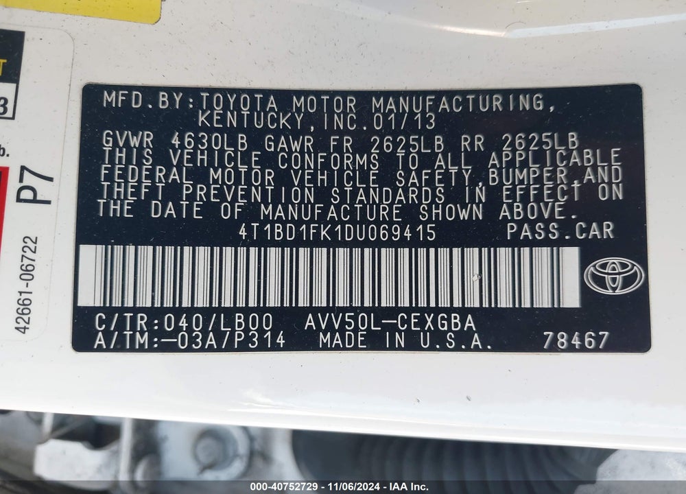 2013 TOYOTA CAMRY HYBRID XLE VIN: 4T1BD1FK1DU069415