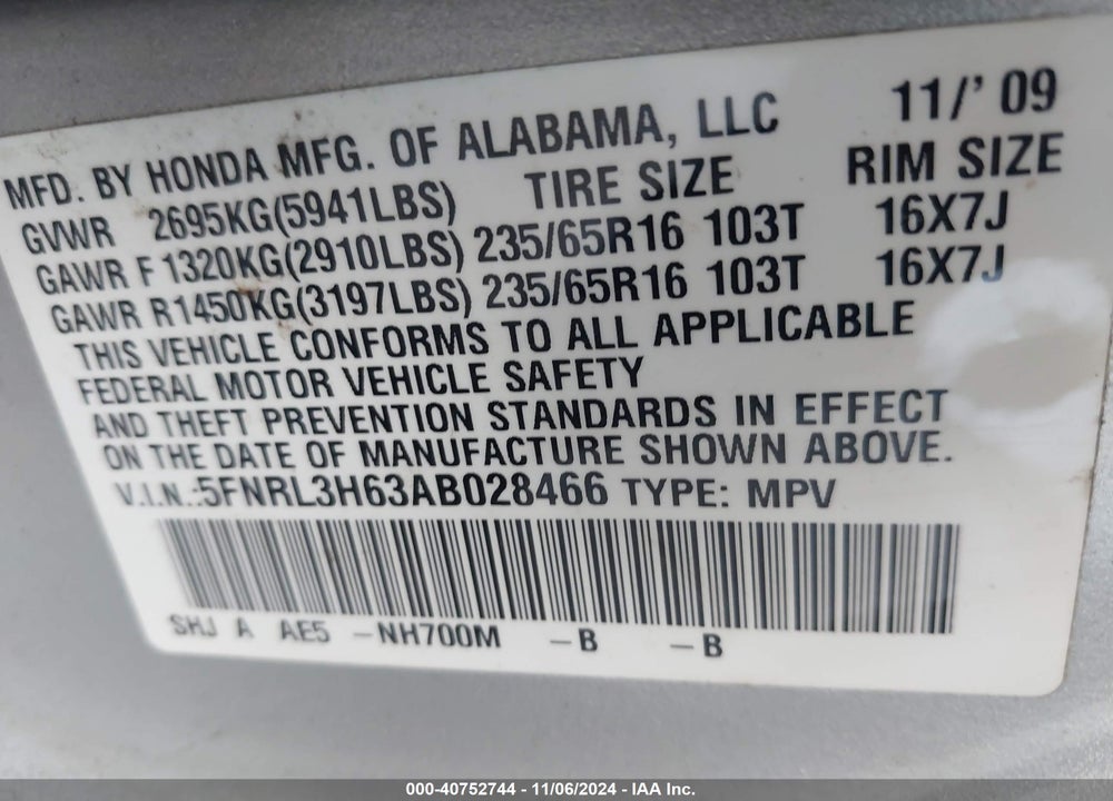 2010 HONDA ODYSSEY EX-L VIN: 5FNRL3H63AB028466