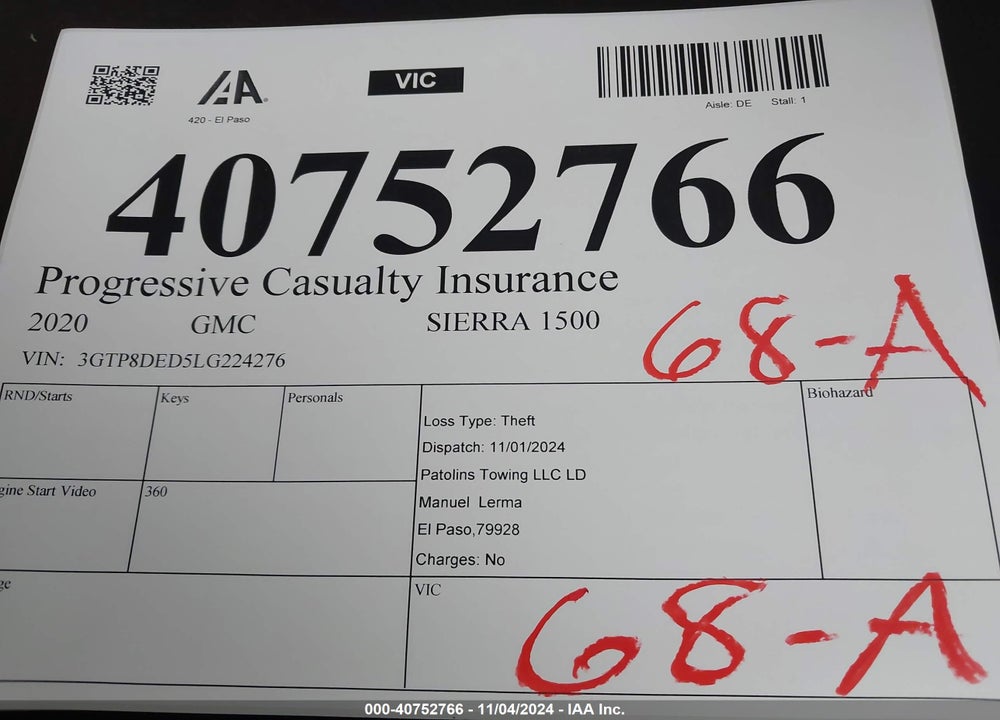 2020 GMC SIERRA 1500 VIN: 3GTP8DED5LG224276