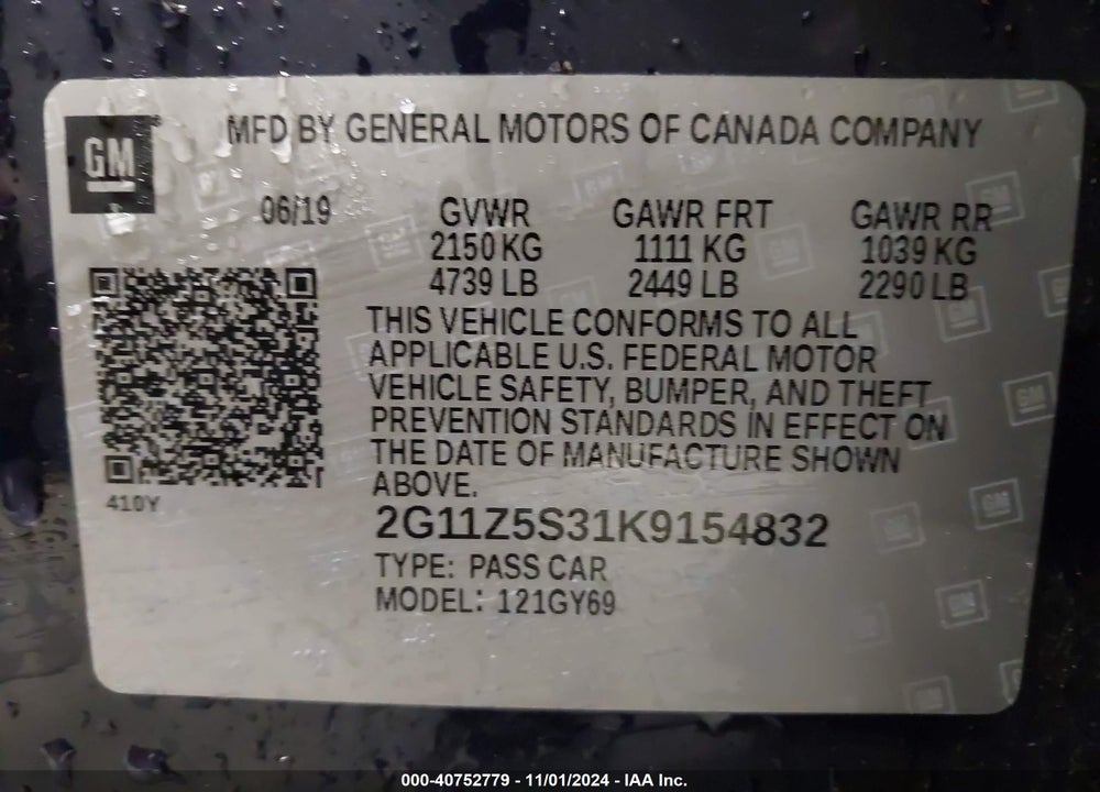 2019 CHEVROLET IMPALA LT VIN: 2G11Z5S31K9154832