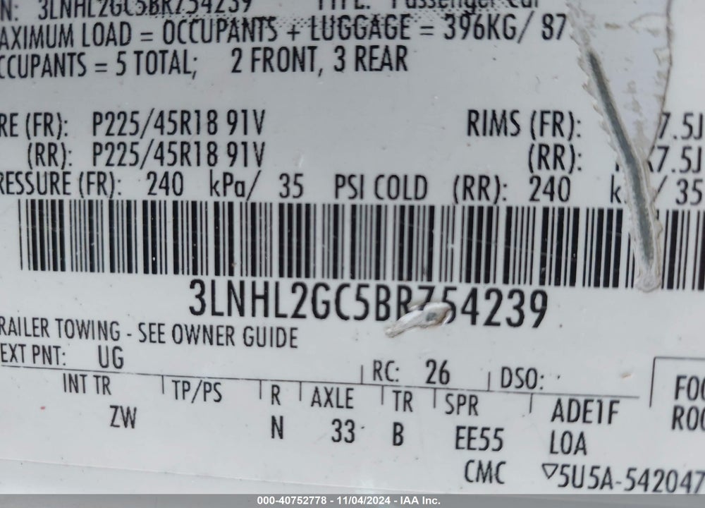 2011 LINCOLN MKZ VIN: 3LNHL2GC5BR754239