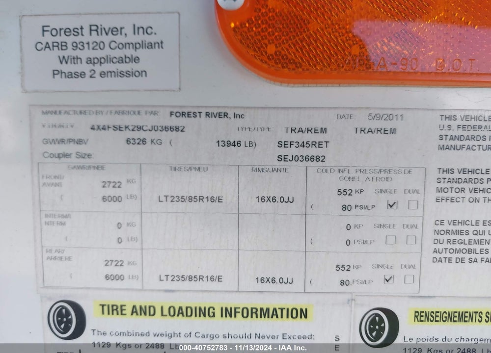 2012 FOREST RIVER SIERRA TRAVEL TRAILER VIN: 4X4FSEK29CJ036682