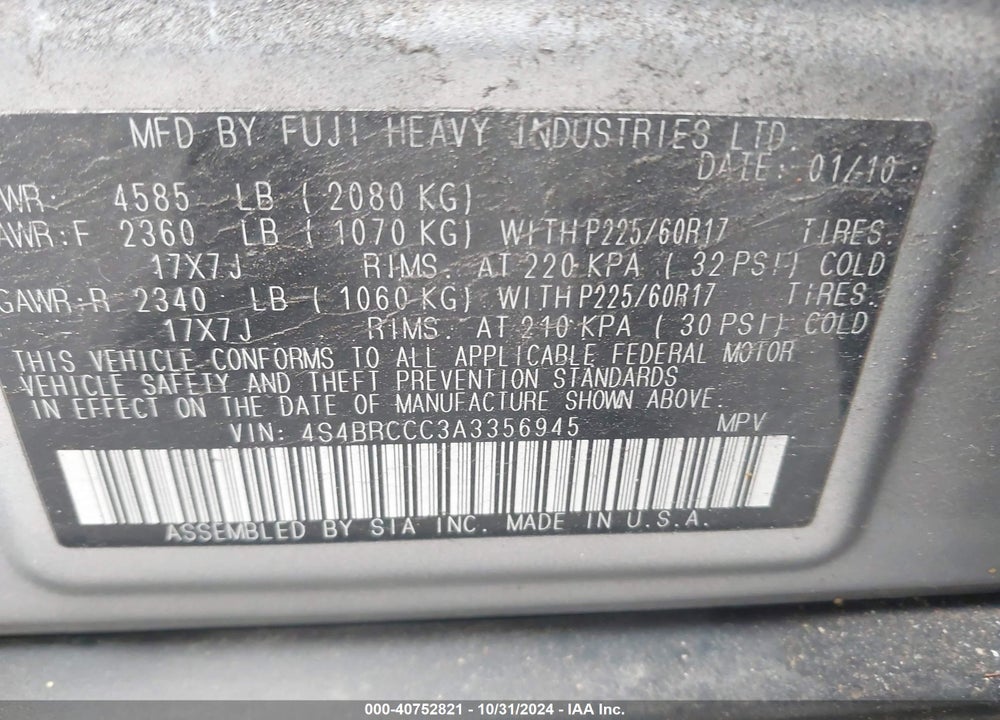 2010 SUBARU OUTBACK 2.5I PREMIUM VIN: 4S4BRCCC3A3356945