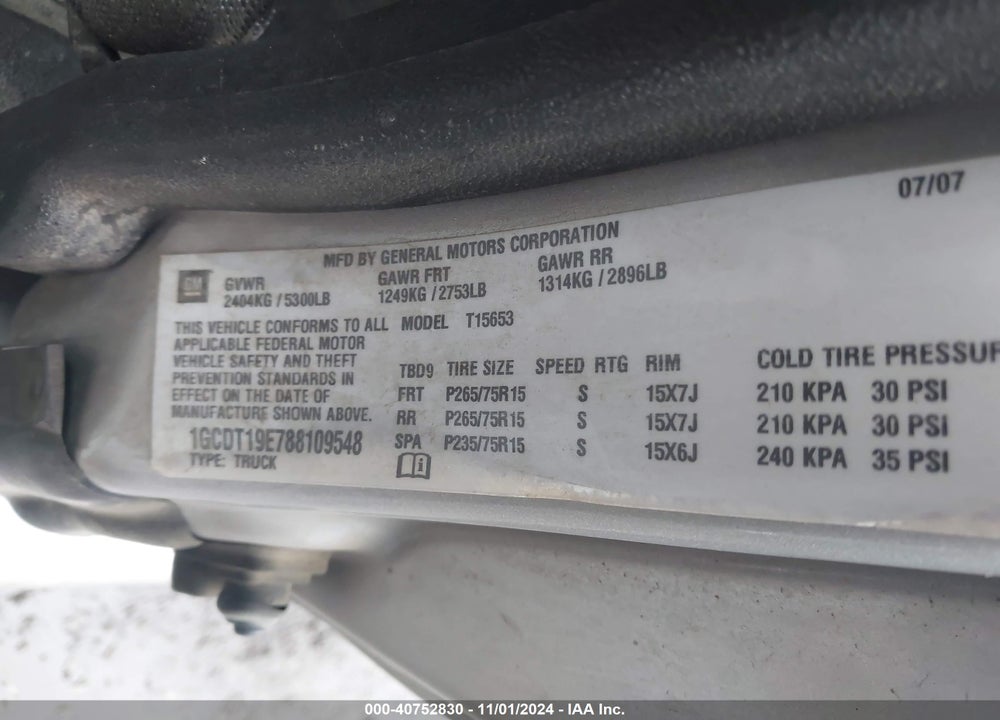 2008 CHEVROLET COLORADO LT VIN: 1GCDT19E788109548