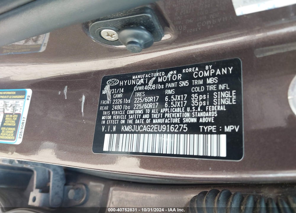 2014 HYUNDAI TUCSON SE VIN: KM8JUCAG2EU916275