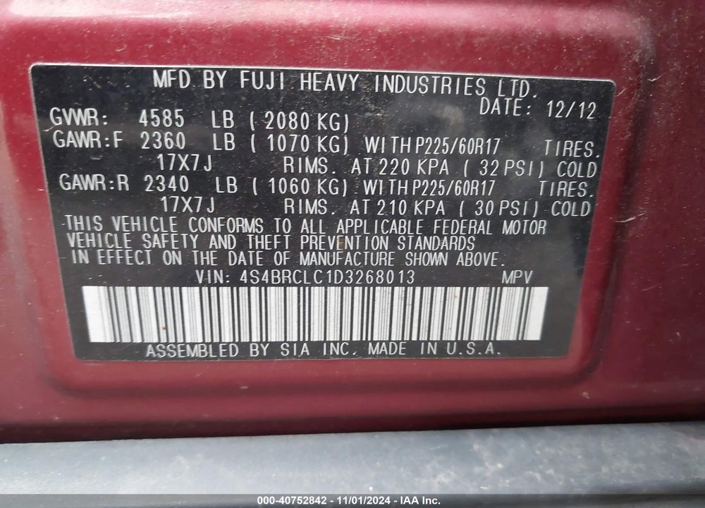 2013 SUBARU OUTBACK 2.5I LIMITED VIN: 4S4BRCLC1D3268013