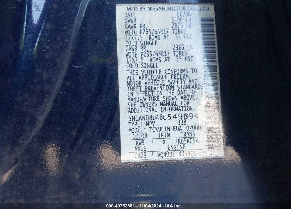 2006 NISSAN XTERRA SE VIN: 5N1AN08U46C549894